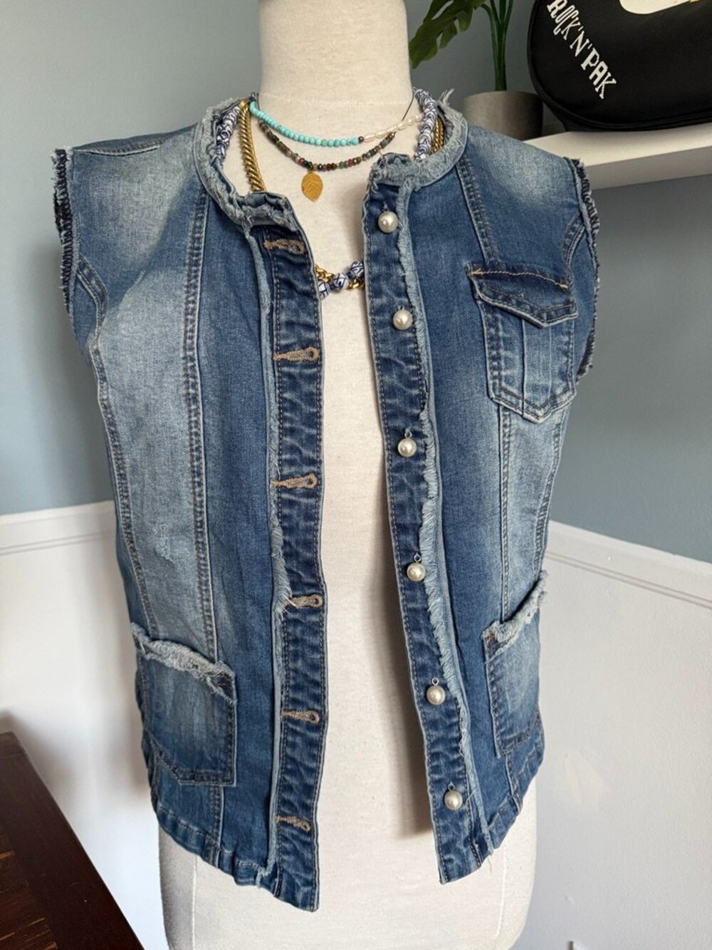 Distressed Denim Vest with Pearls